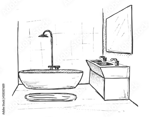 Hand drawn sketch. Linear sketch of an interior. Part of the bathroom. Vector illustration