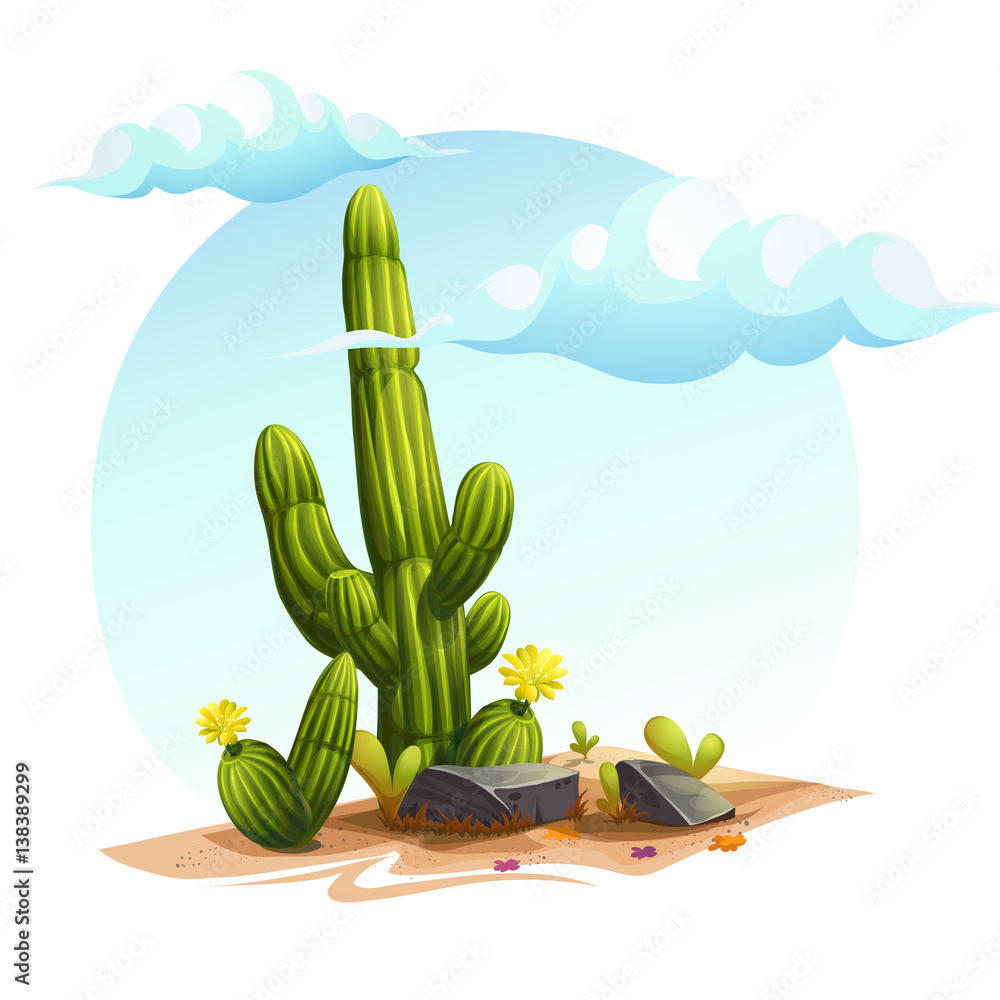 Fotografie Vector cartoon illustration bush cactus under the clouds
