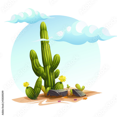Vector cartoon illustration bush cactus under the clouds