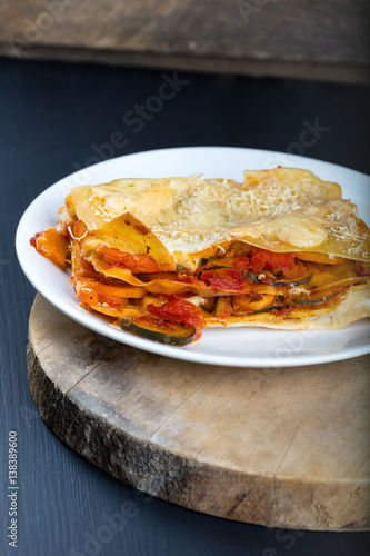 Vegetarian lasagne on the plate photo