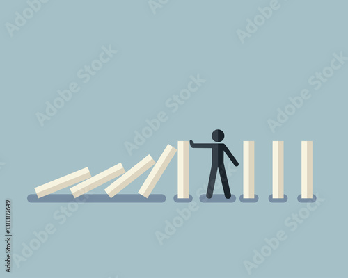Stick figure stopping the domino effect with falling white dominoes