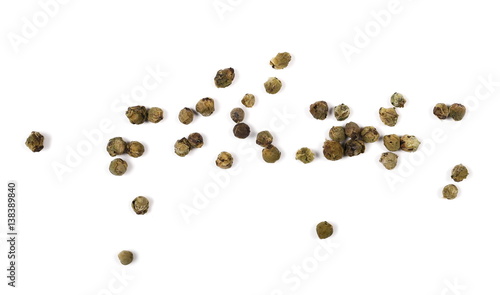  pile dry green peppercorn isolated on white , top view