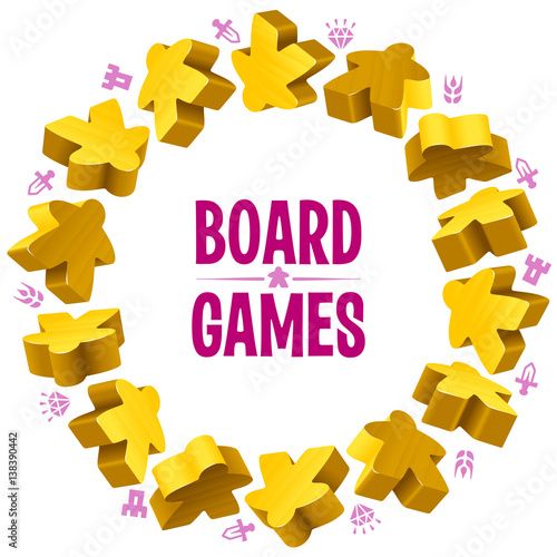 Circle frame of yellow meeples for board games. Game pieces and resources counter icons isolated on white background. Vector border for design boardgames advertisement or template of t-shirt print
