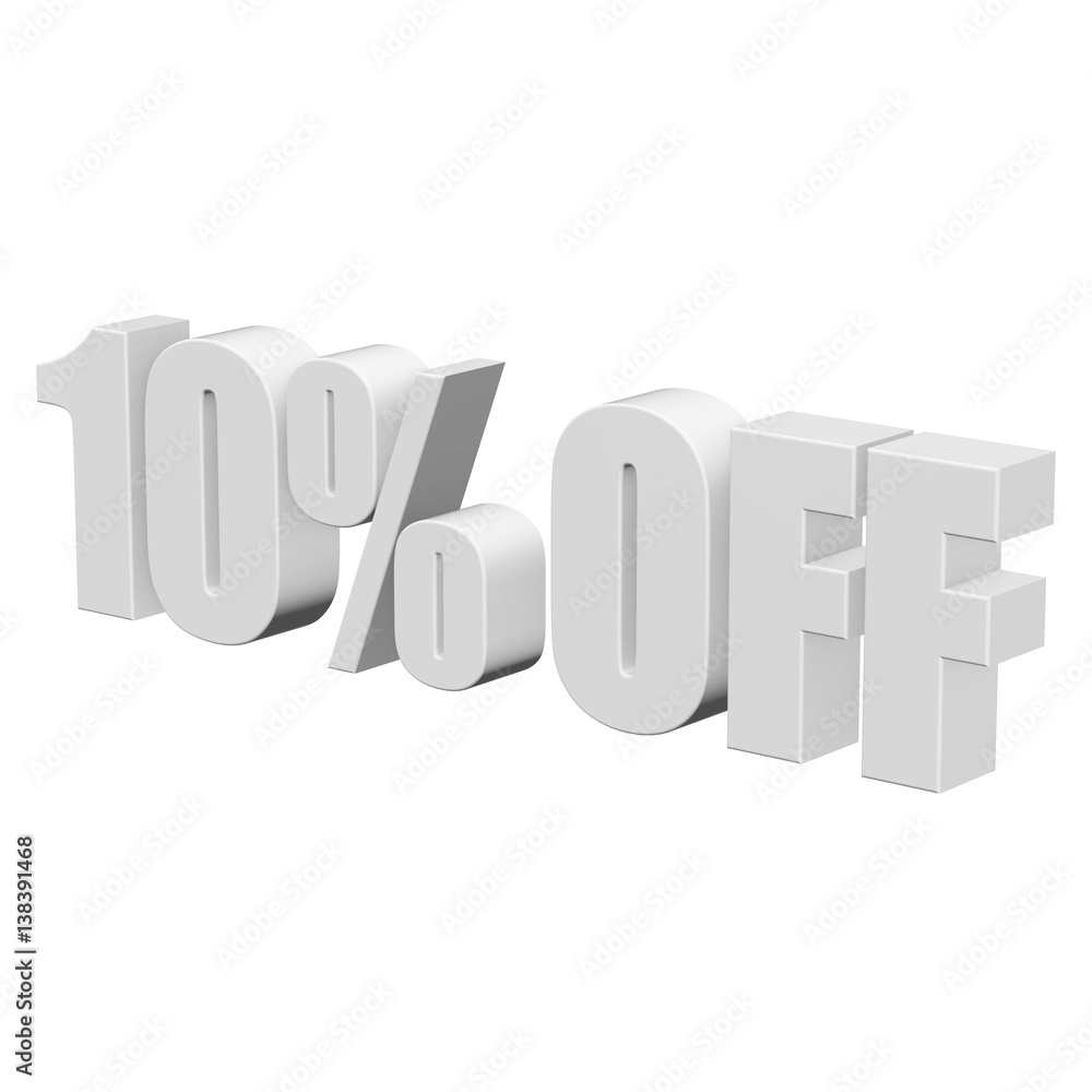 10 percent off letters on white background. 3d render isolated. 10 percent off letters on white background. 3d render isolated.