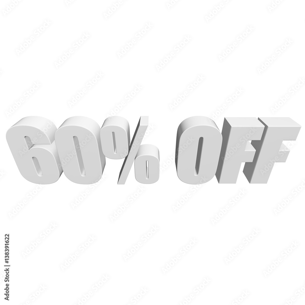 60 percent off letters on white background. 3d render isolated. 60 percent off letters on white background. 3d render isolated.