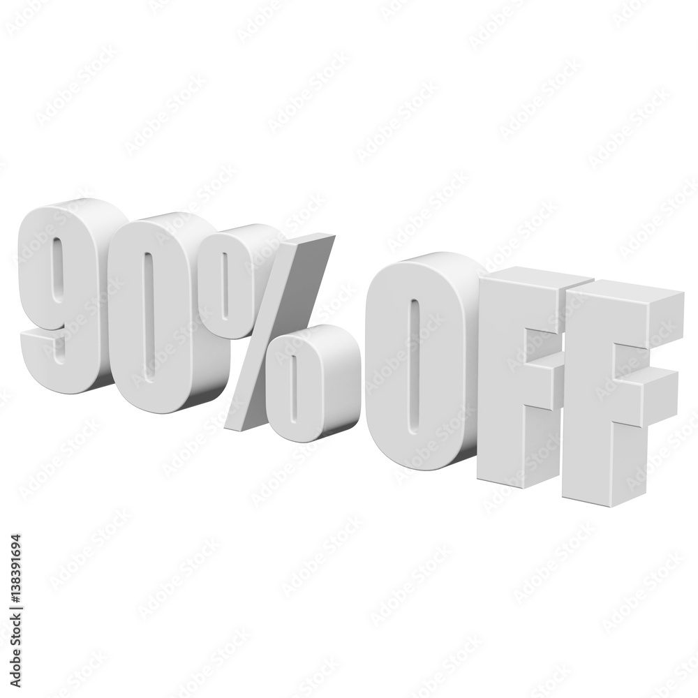90 percent off letters on white background. 3d render isolated.