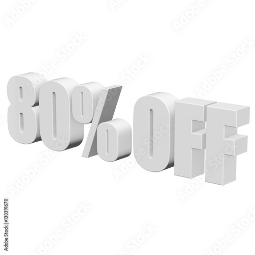 80 percent off letters on white background. 3d render isolated.