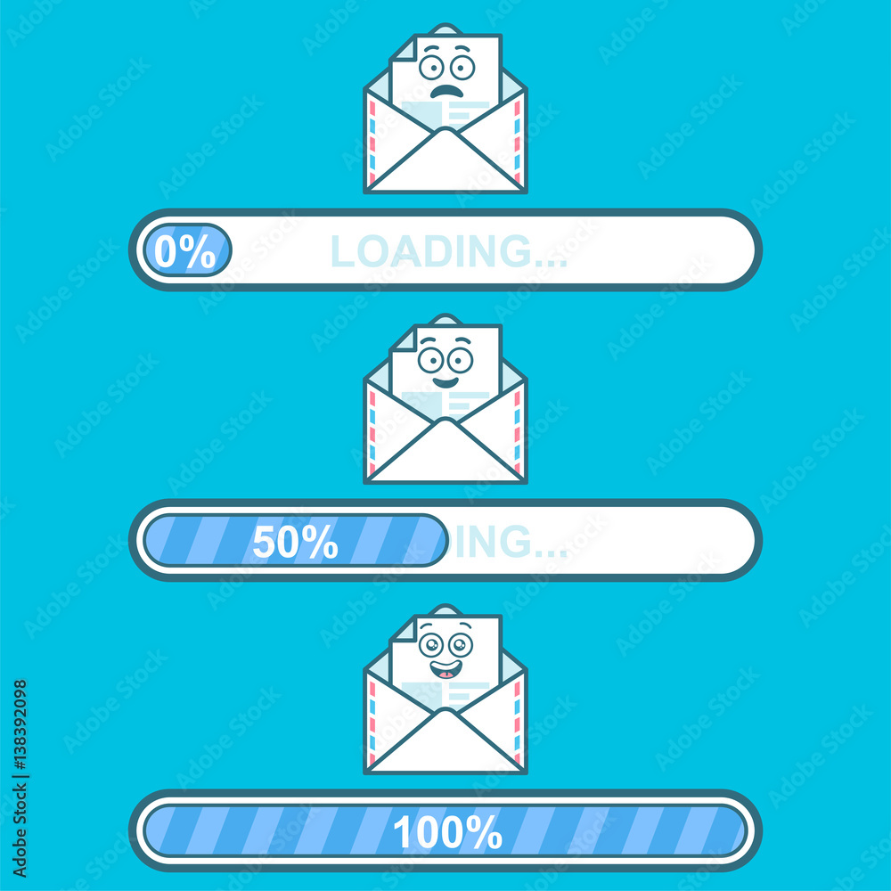 Set of vector downloaders with email cartoon character and text loading