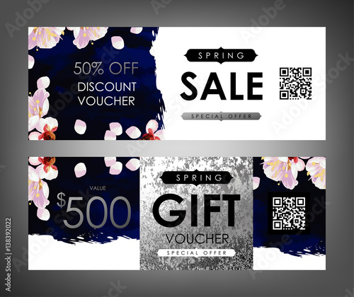 Gift certificate, Voucher, Coupon templates with plum tree flowers, deep blue velvet stripe pattern and shabby white gold texture. Spring inspiration vector.