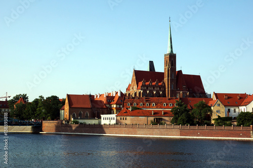 Holy Cross church and Odra river in the city Wroclaw, Poland
