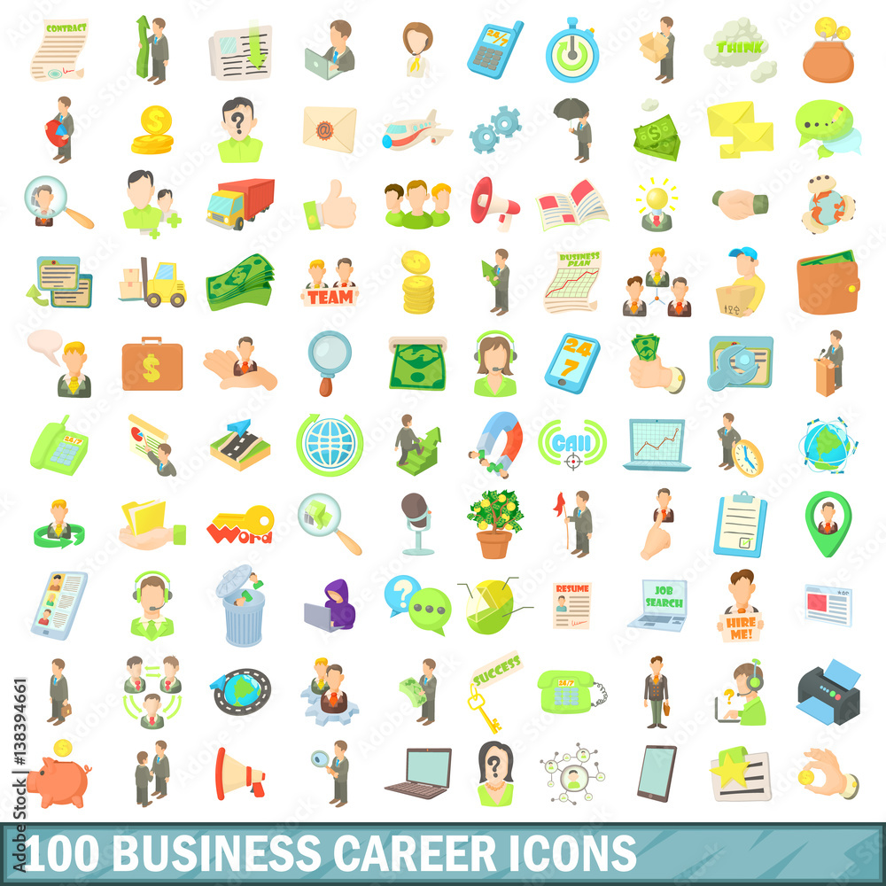 100 business career icons set, cartoon style