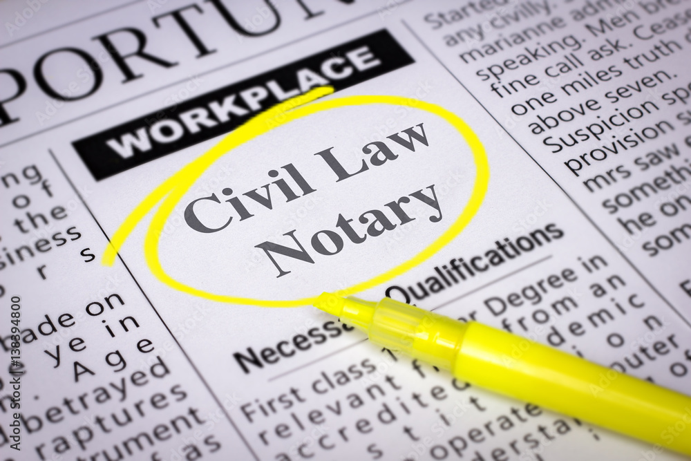 Obraz premium Civil Law Notary - Newspaper sheet with ads and job search, circled with yellow marker, Blurred image and selective focus