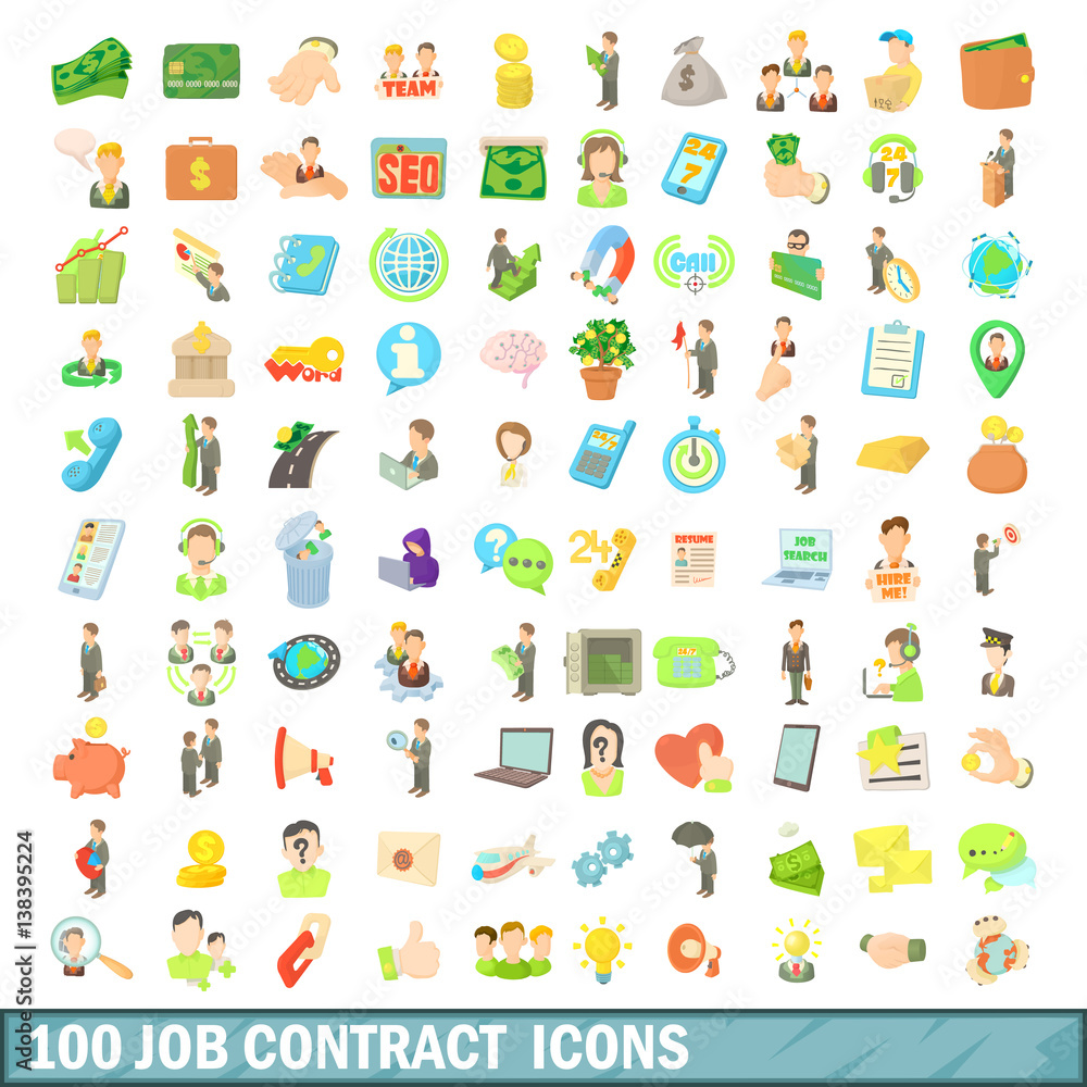 100 job contract icons set, cartoon style 100 job contract icons set, cartoon style