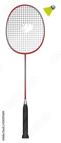 Badminton racket with cracked strung and shuttlecock isolated on white background