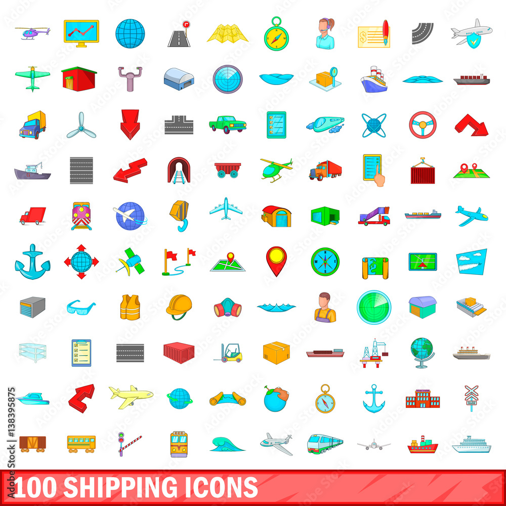 100 shipping icons set, cartoon style 100 shipping icons set, cartoon style