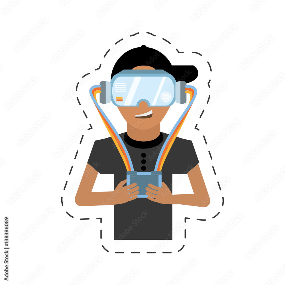 cartoon man with vr goggles control vector illustration eps 10