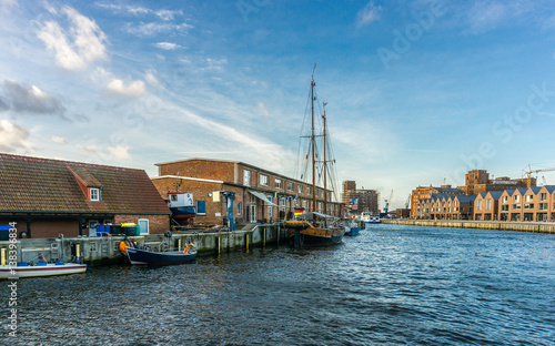 View of Wismar Old harbor with ships and houses  Germany