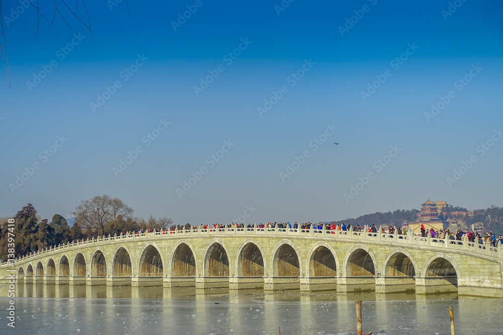 BEIJING, CHINA - 29 JANUARY, 2017: Walking around spring palace complex, a spectacular ensemble of lakes, gardens and ancient chinese palaces, beautiful buildings and architecture, nice bridge sitting