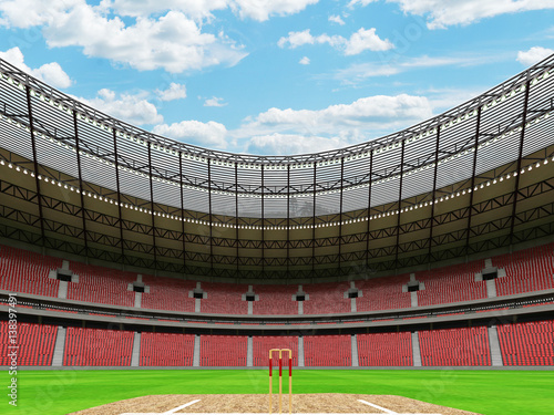 3D render of a round cricket stadium with red seats and VIP boxes © Danilo