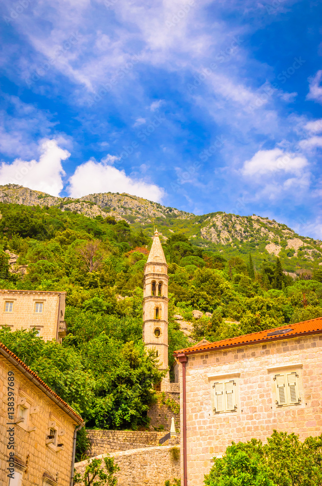 beautiful mediterranean landscape. Mountains and fishing boats near town Perast, Kotor bay (Boka Kotorska), Montenegro. beautiful mediterranean landscape. Mountains and fishing boats near town Perast, Kotor bay (Boka Kotorska), Montenegro.
