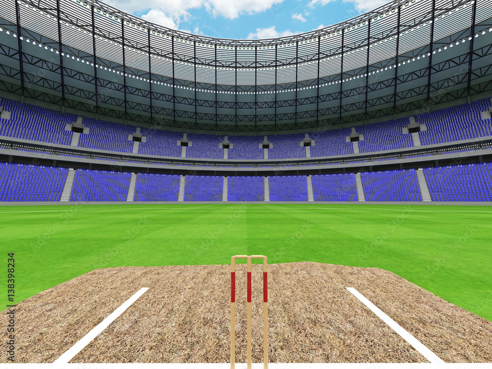 Obraz premium 3D render of a round cricket stadium with blue seats and VIP boxes