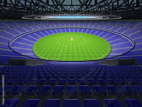 3D render of a round cricket stadium with blue seats and VIP boxes