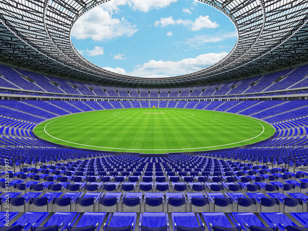 3D render of a round cricket stadium with blue seats and VIP boxes