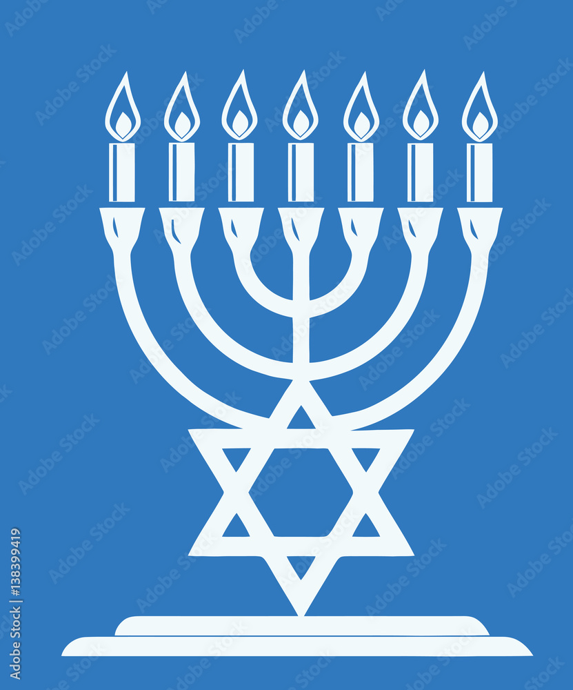 The most important symbol in the religion of Judaism the Menorah, blue background, vector