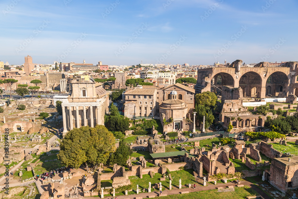 Rome, Italy. Roman Forum, as seen from the Palatine: Temple of Antoninus and Faustina, Temple of Romulus, Santi Cosma e Damiano, Basilica of Maxentius