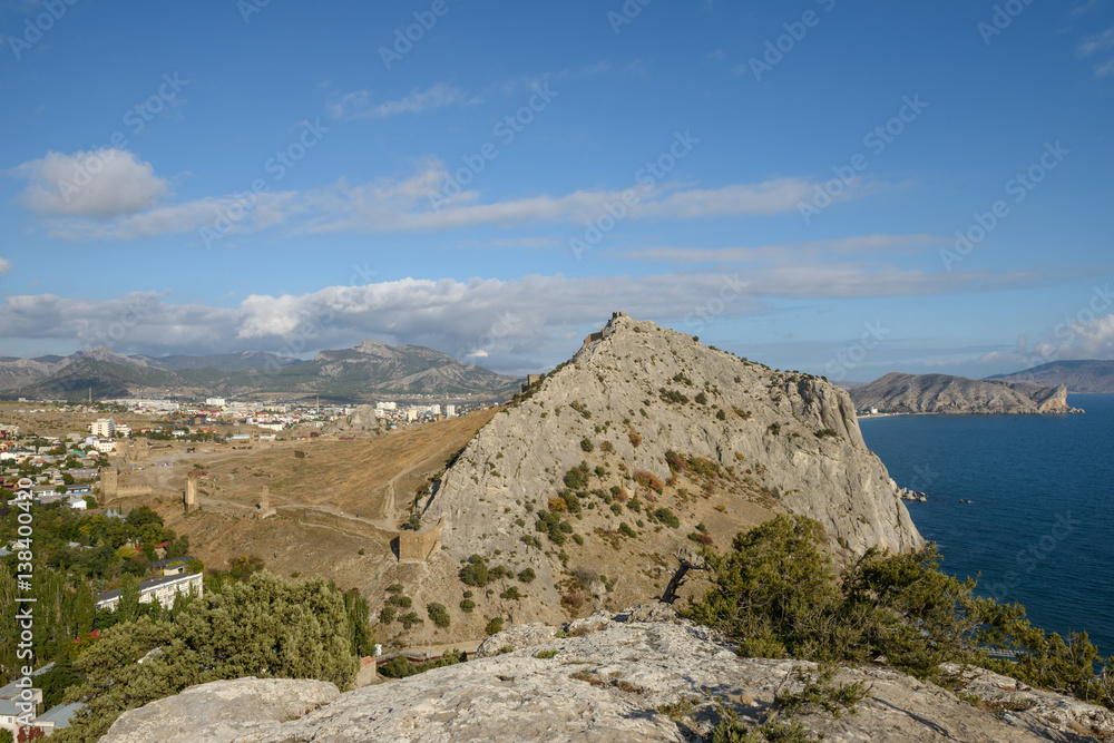 View towards Sudak Genoese fortress from Palvani-Oba Mountain, Crimea, Russia.