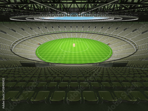 3D render of a round cricket stadium with grey green seats and VIP boxes