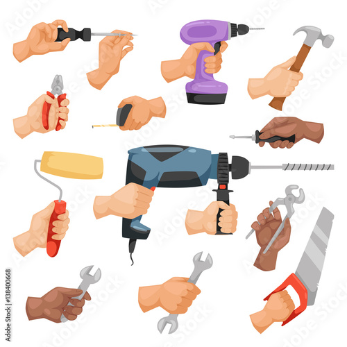 Hands with construction tools vector cartoon style
