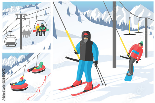 Snowboarder sitting in ski gondola and lift elevators winter sport resort snowboard people rest lifting jump vector illustration mountain