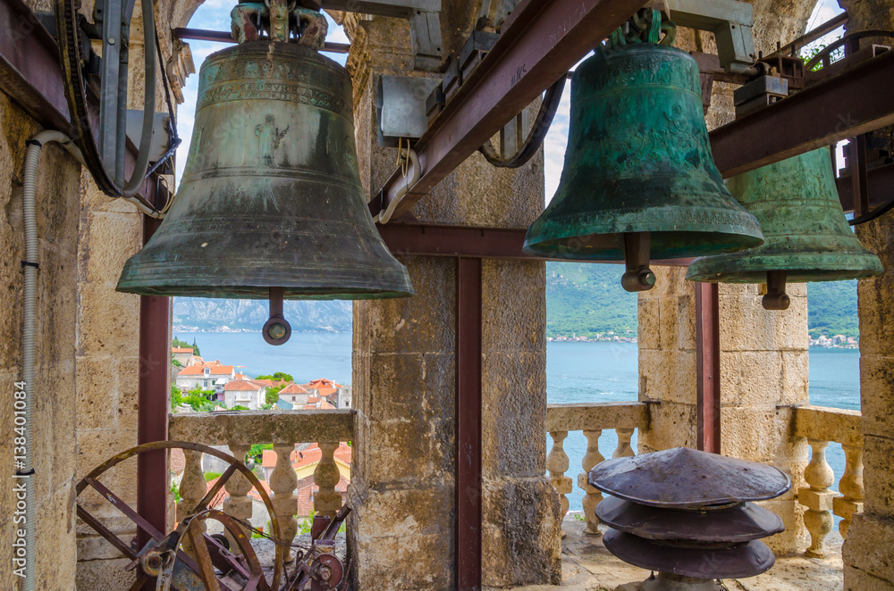 Obraz premium Bells on church tower - town Perast, Kotor bay (Boka Kotorska), Montenegro.