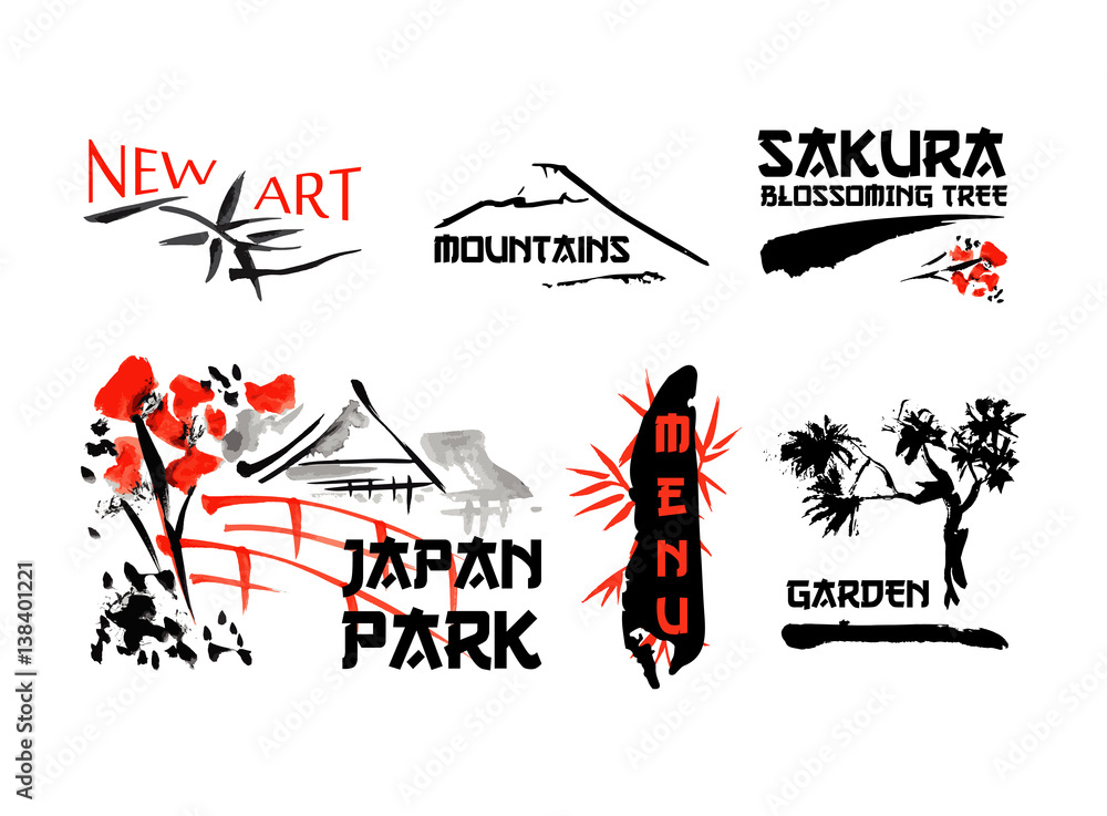 Logo templates set with asia landscapes, buildings and blossoming sakura branchs symbols in traditional japanese sumi-e style. Vector sign for design