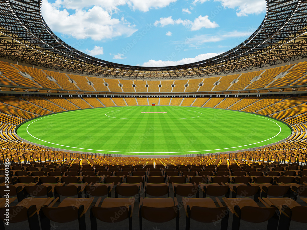 3D render of a round cricket stadium with yellow orange  seats and VIP boxes