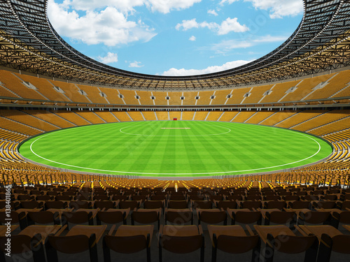 3D render of a round cricket stadium with yellow orange seats and VIP boxes