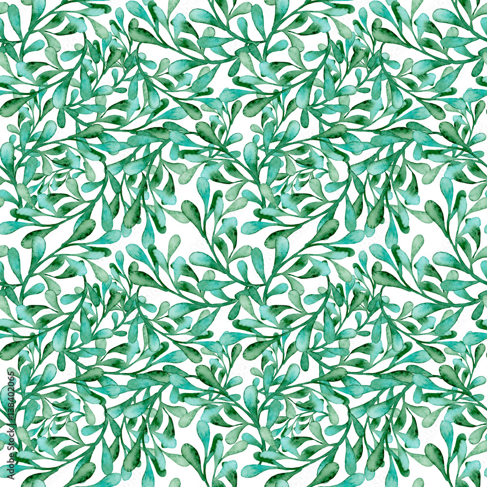 Naklejka premium Seamless Pattern of Watercolor Emerald and Green Leaves