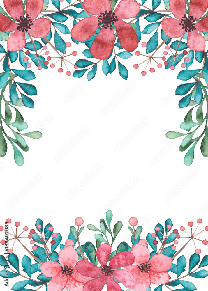 Frame With Watercolor Pink Flowers, Blue And Green Leaves