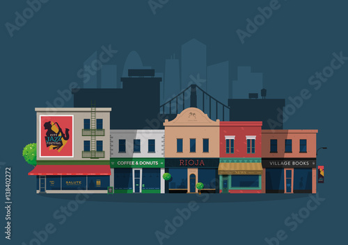 Illustrated vector city village street with shops and bars