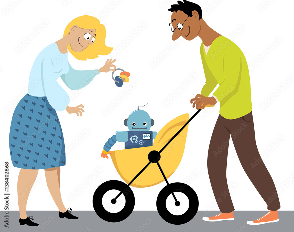 Young family with a baby robot in a stroller, EPS 8 vector illustration Young family with a baby robot in a stroller, EPS 8 vector illustration