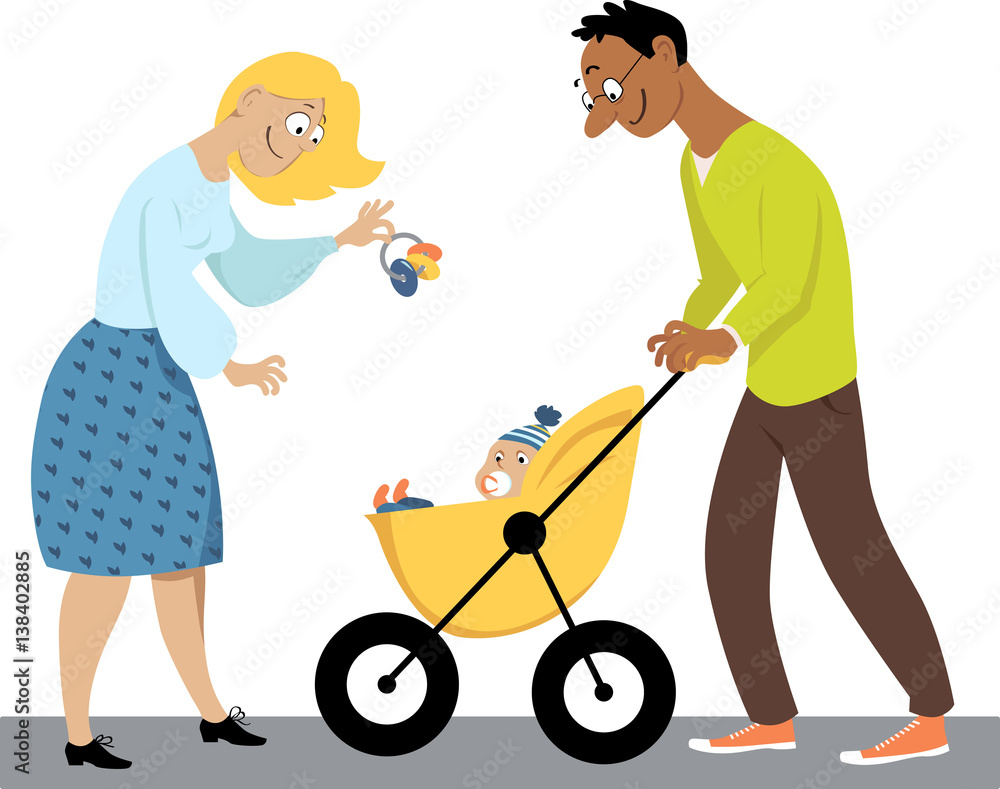 Young family with a baby in a stroller, EPS 8 vector illustration Young family with a baby in a stroller, EPS 8 vector illustration