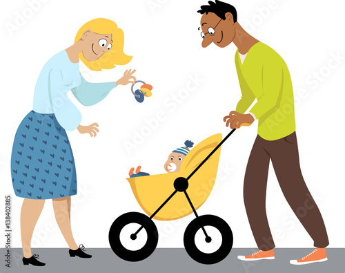 Young family with a baby in a stroller, EPS 8 vector illustration