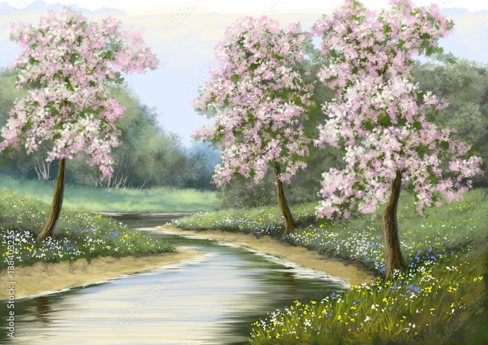 Obraz Wiosna, kwiat, rzeka, obrazy