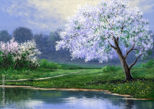 Spring, landscape, river, flowers