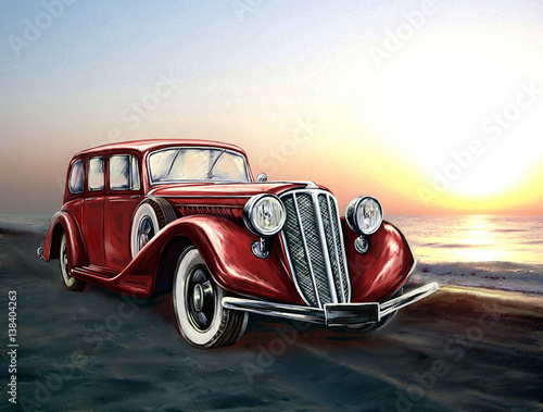 Obraz na płótnie Retro czerwony samochód i morze