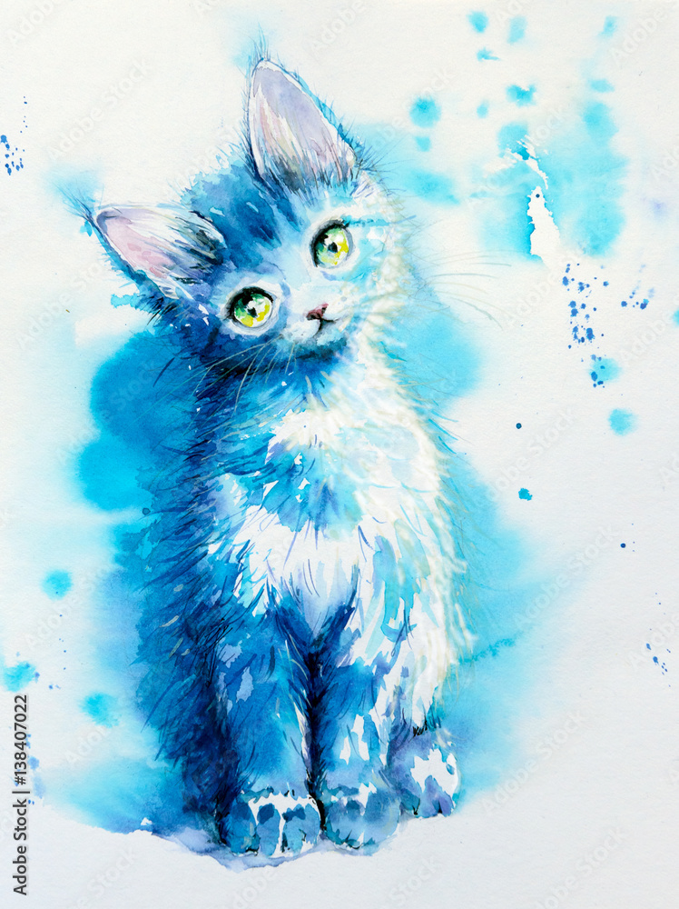 Fototapeta Siedzący śliczny mały błękitny kot Obrazek tworzący z akwarelami.