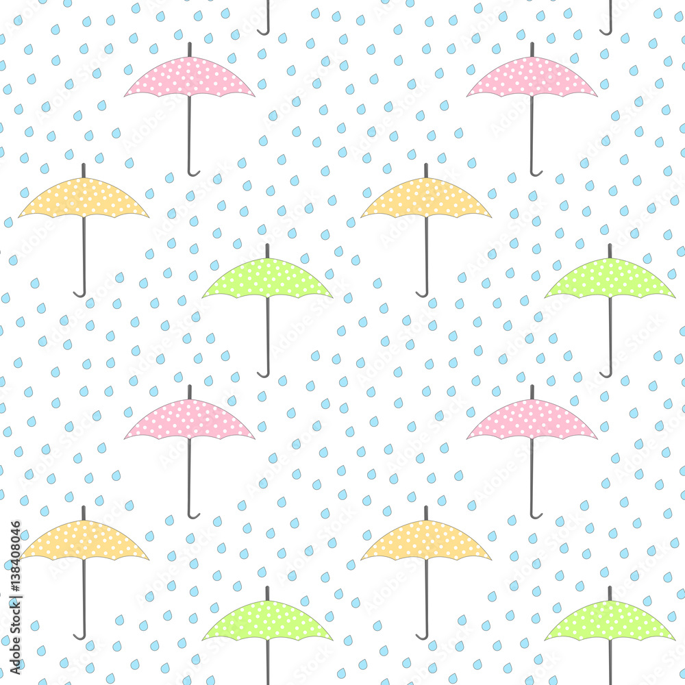 Obraz premium Colorful Umbrella pattern. Seamless pattern with drops rain and umbrella. Vector illustration