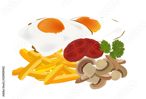 Eggs, fries, mushrooms,  roasted tomatoes and herb on white background,  vector