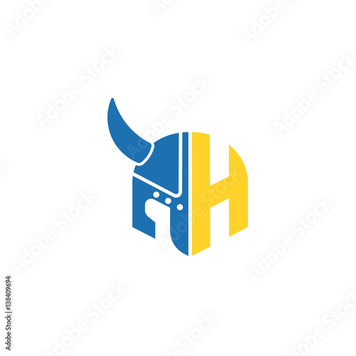 Viking helmet vector flat icon with letter H. Historical armor logo